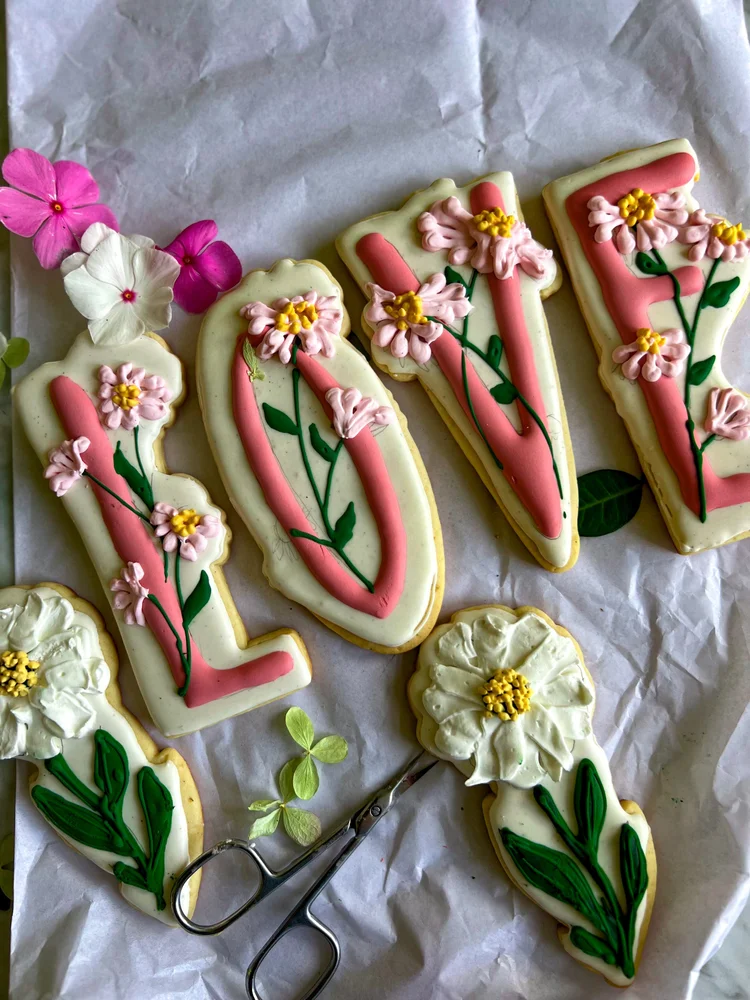 Floral LOVE letter cookies