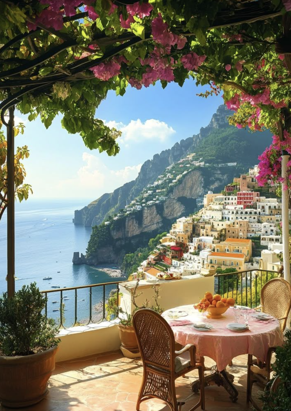 A terrace with a table set for dining, overlooking the colorful buildings of Positano on the Amalfi Coast in Italy, with the sea and mountains in the background, surrounded by pink and green flowering plants.