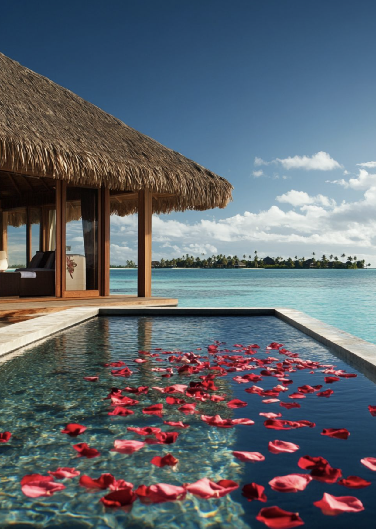 Overwater bungalow with thatched roof next to a pool filled with red rose petals, overlooking a tropical ocean and clear blue sky.