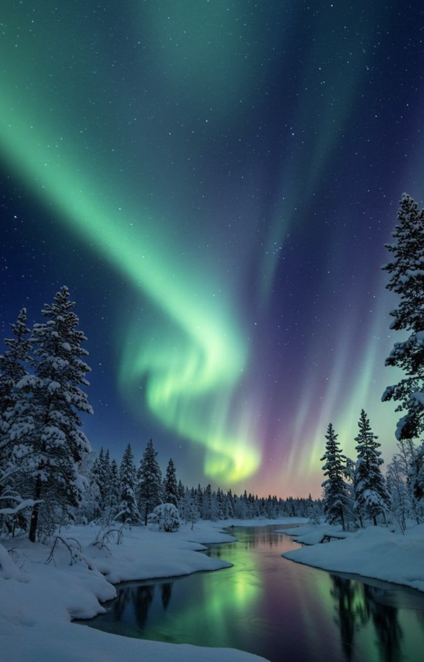 Northern lights over a snowy forest and a calm river at night.