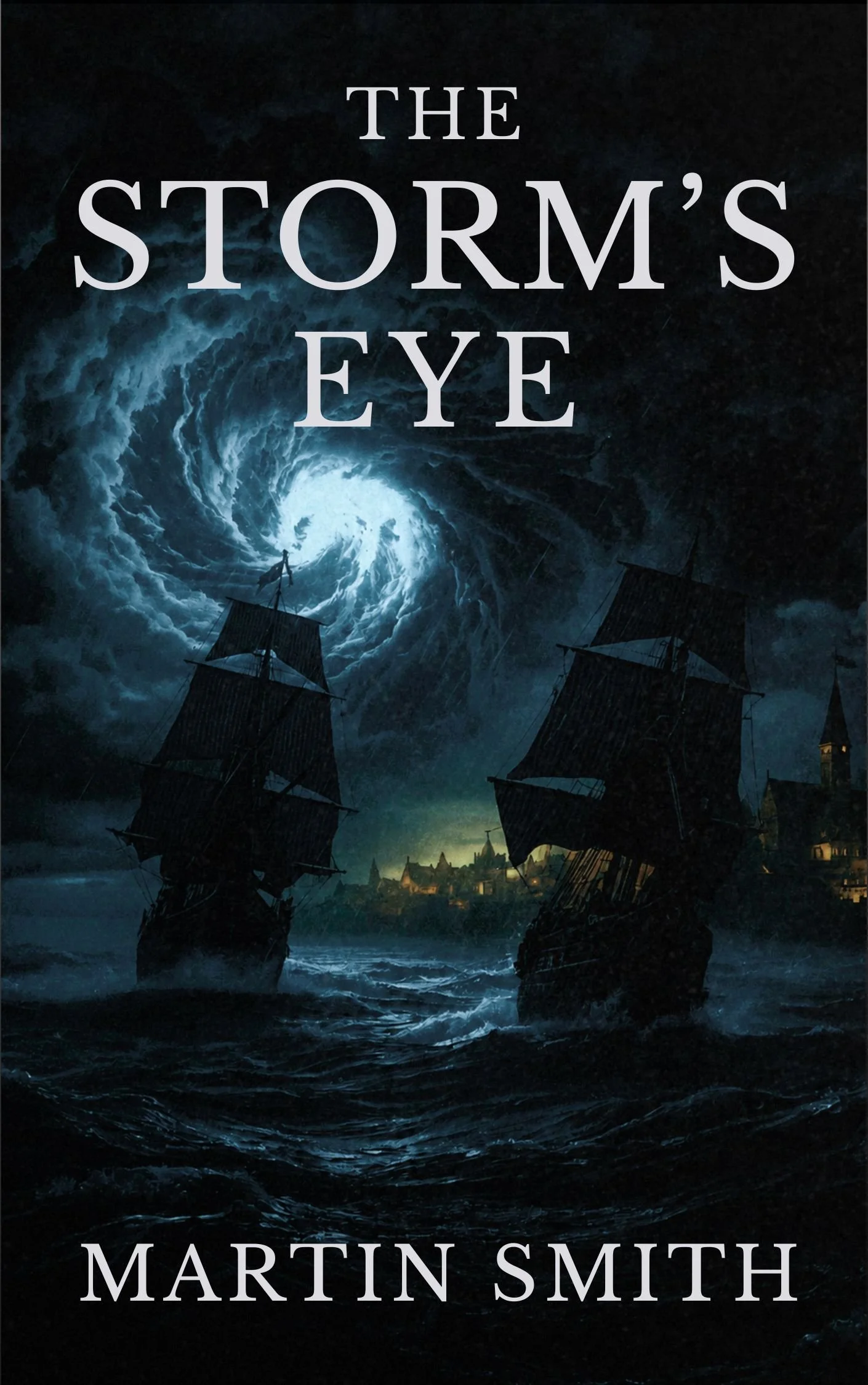 Book cover for 'The Storm's Eye' by Martin Smith, depicting a dark ocean scene with a large swirling storm in the sky, two sailing ships struggling against the turbulent waters, and a distant lit village along the shoreline.