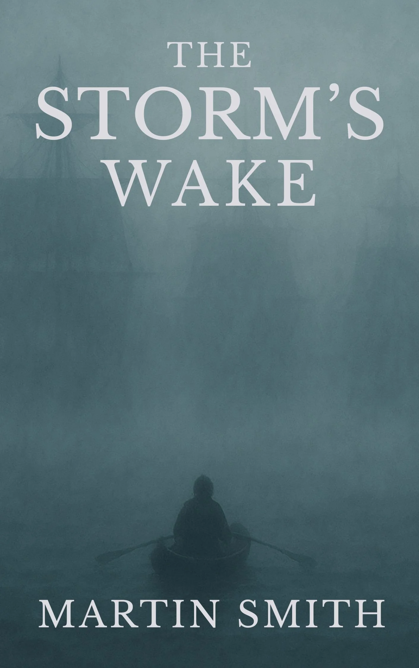 The cover of the book titled "The Storm's Wake" by Martin Smith. The image shows a person in a boat on a foggy, misty body of water, with a large ship in the background and ships on the horizon.
