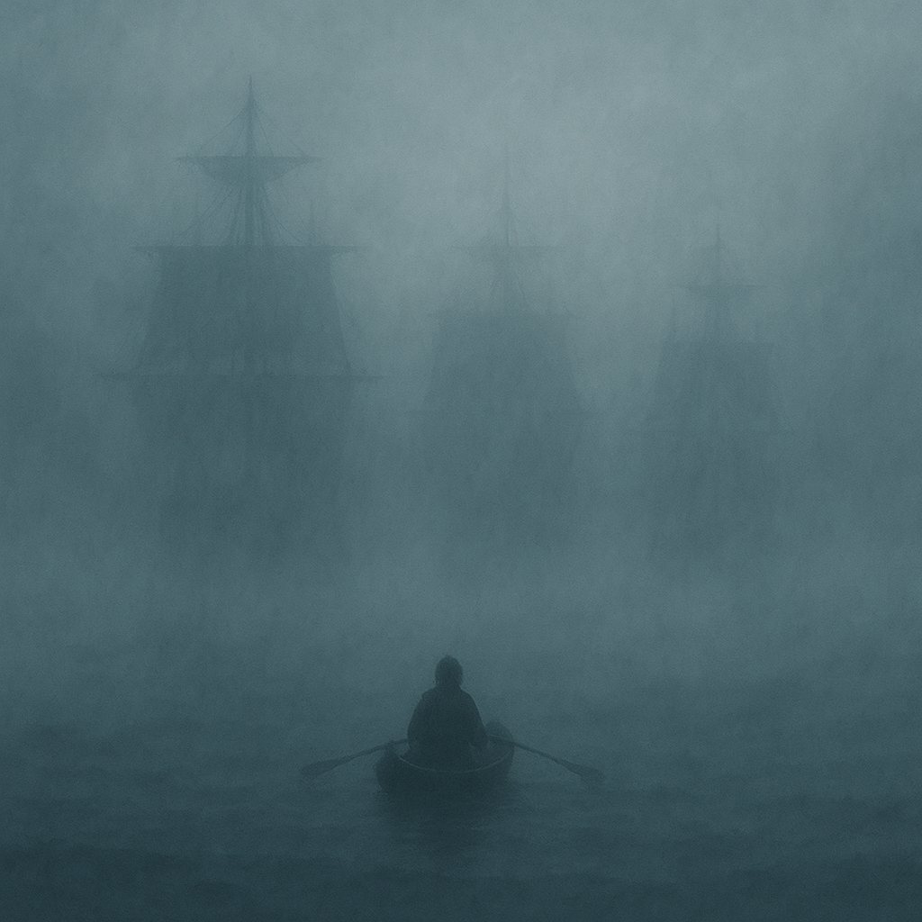 A person in a small boat on the water surrounded by thick fog, with faint silhouettes of ships with multiple masts in the distance.