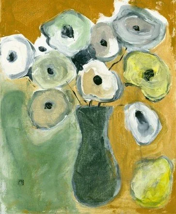 tableau d'un bouquet de fleurs et son vase noir réalisé par Ayako Guérin