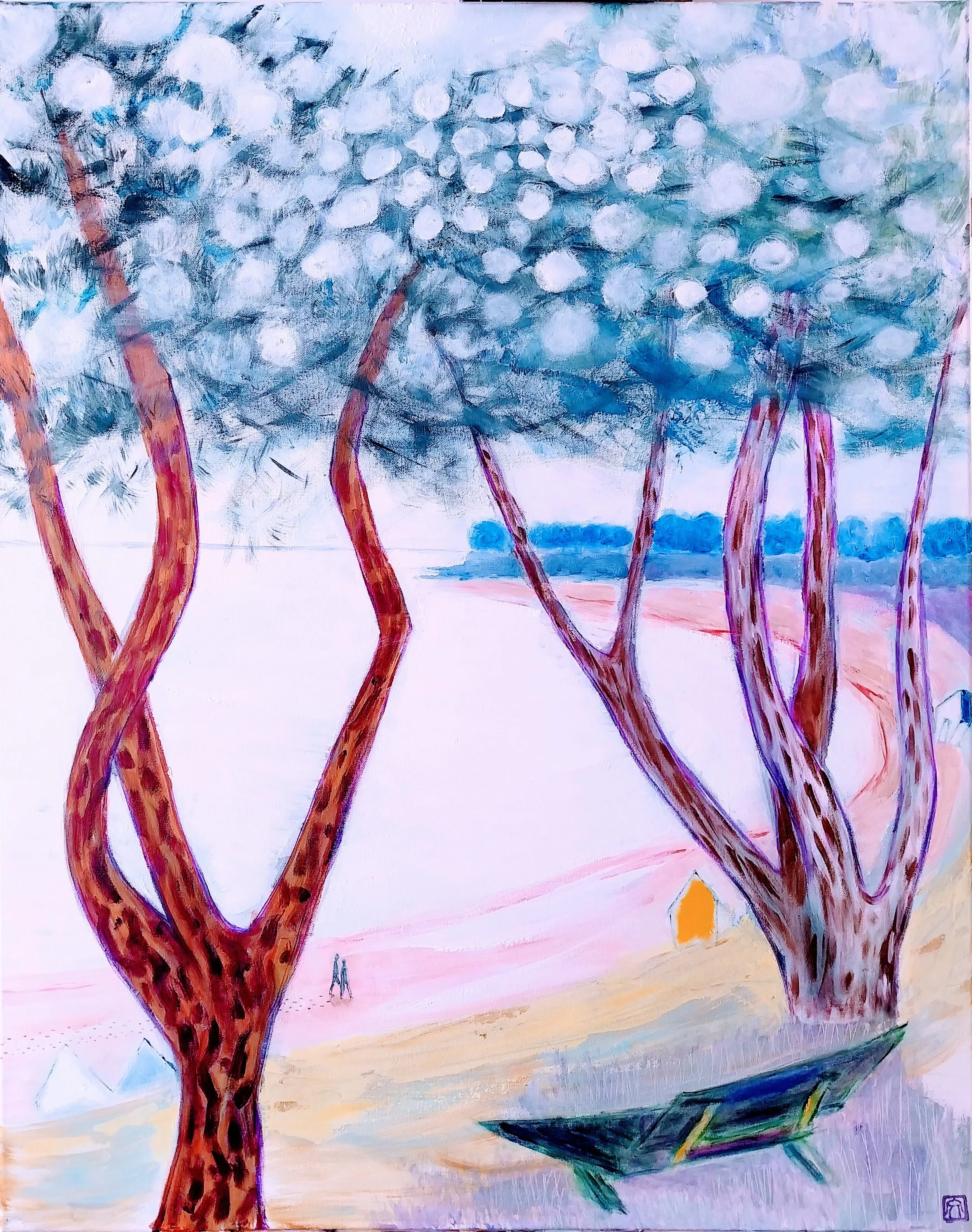 Peinture de la plage de kervoyal avec le banc vert et les arbres realisée par ayako guerin