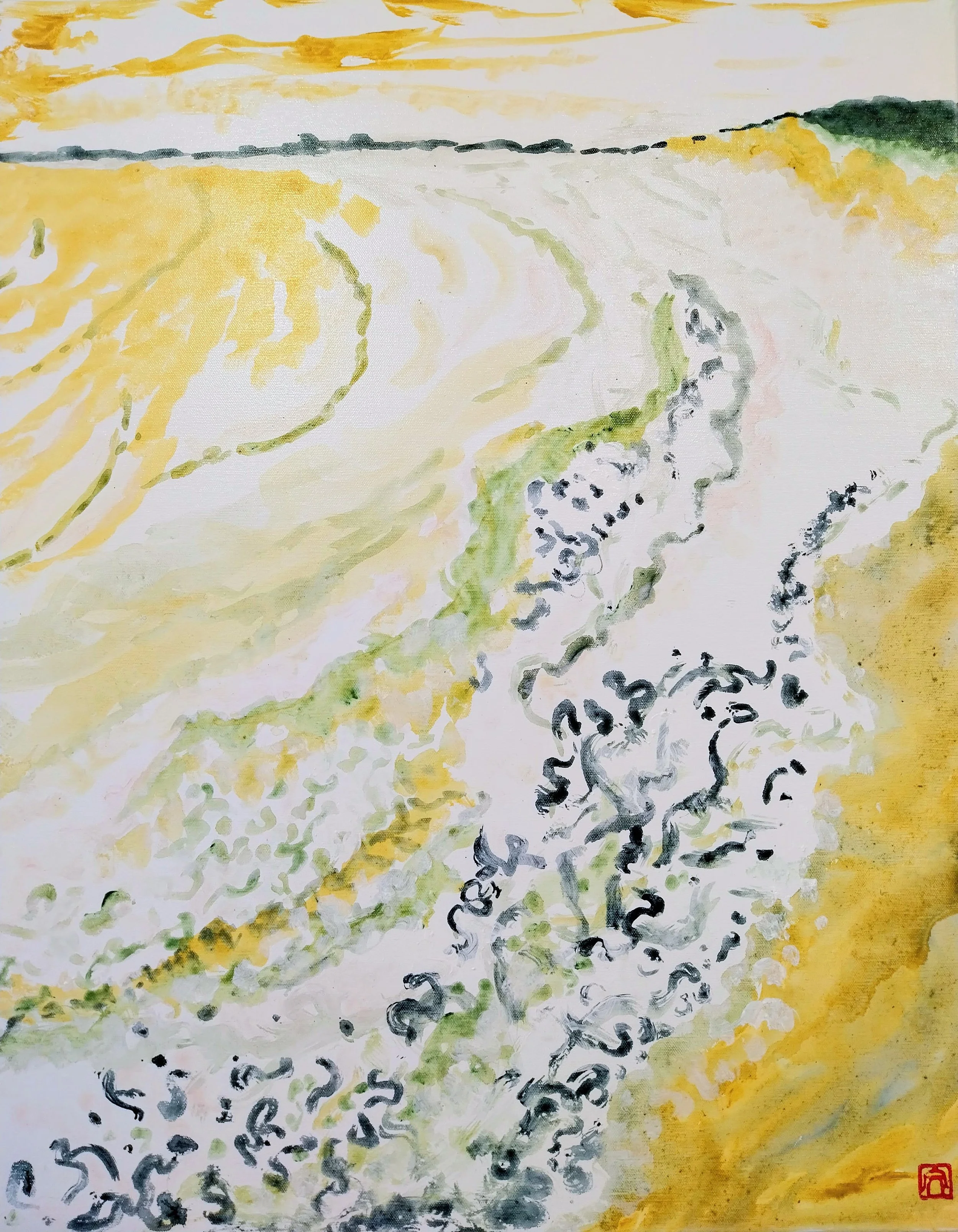 Tableau de la plage de Bétahon, en baie de kervoyal, dans le golfe du morbihan avec ses vagues et son sable fin