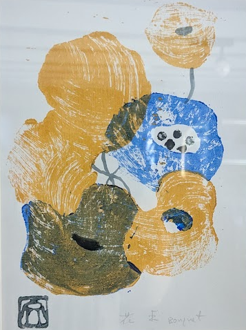 Fleurs du chemin bleu et jaune - Mokuhanga en technique mixte