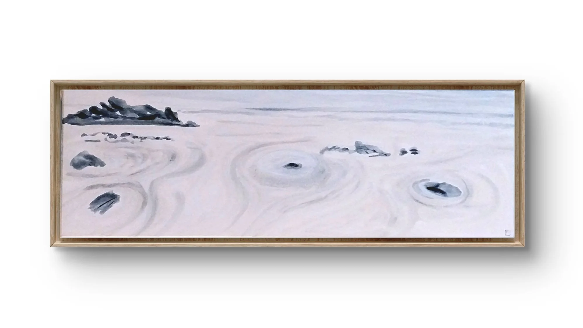 peinture de la plage à Erdeven avec son univers de sable et de rocher, à la manière d'un jardin zen japonais