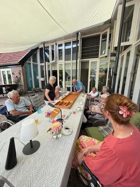Group of elderly people sitting around a long table on a porch or sunroom, with some in wheelchairs, engaging in a game or activity, with a woman standing and serving or organizing items.