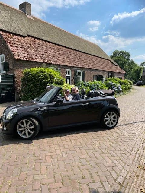 A black convertible parked on a brick driveway next to a traditional brick house with a thatched roof, green shrubs, and blue hydrangeas, under a partly cloudy sky.