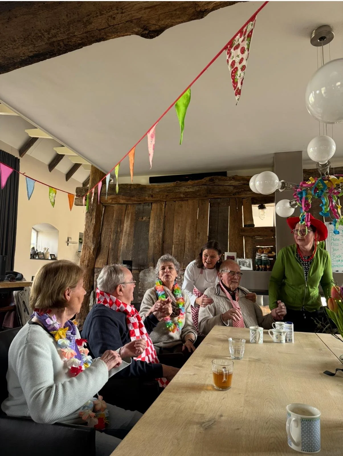 Group of seniors celebrating at a festive gathering with colorful banners and party accessories in a cozy room with wooden beams.