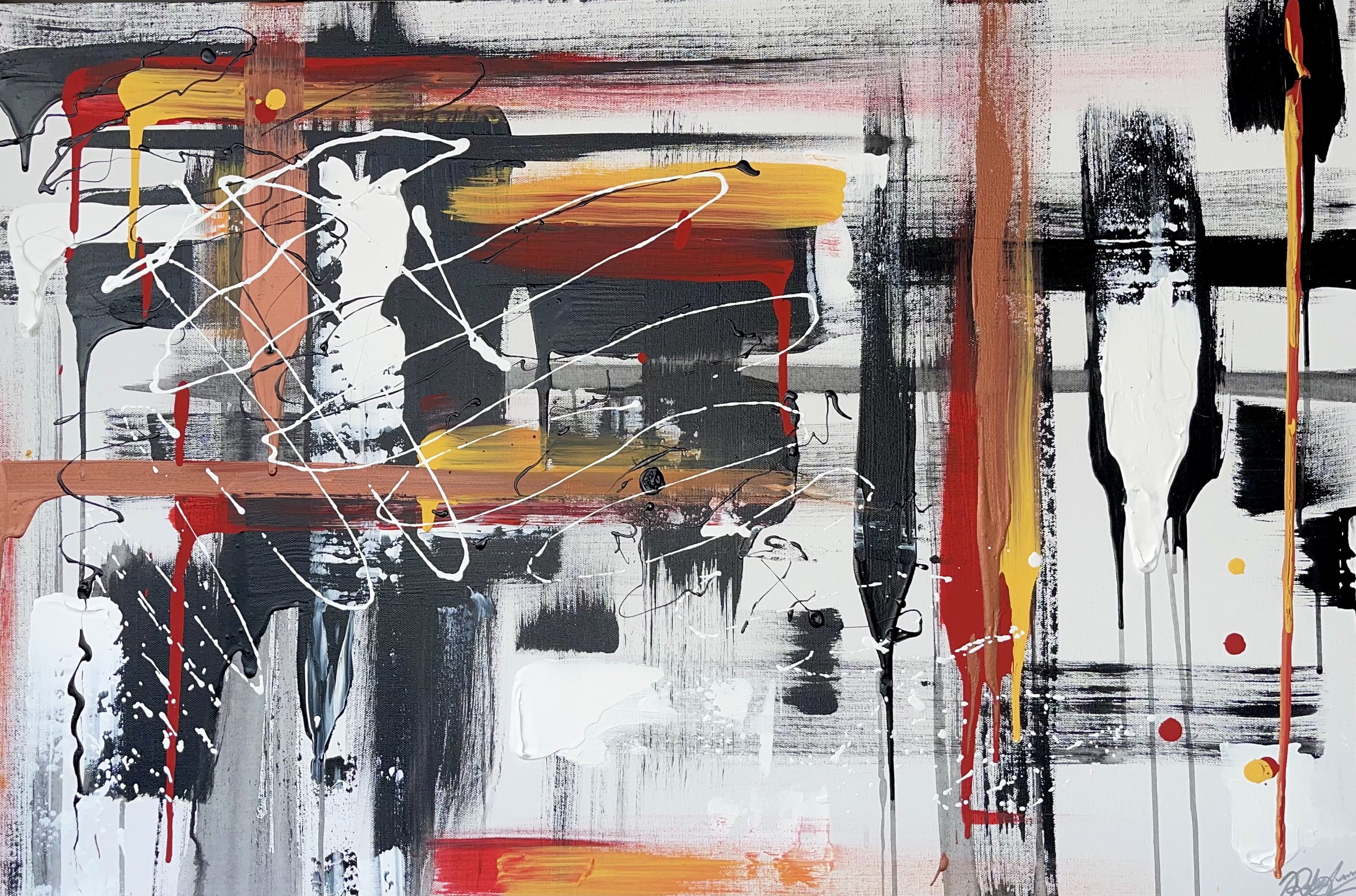 Abstract painting with black, white, red, yellow, peach, and gray brushstrokes and splatters, featuring drips and layered textures.