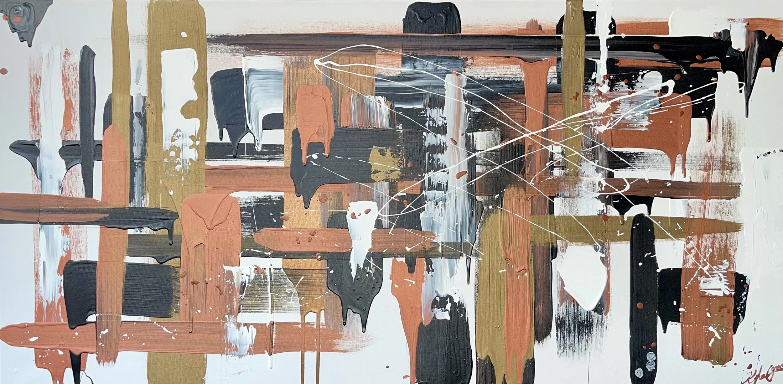 Abstract painting with thick broad strokes of black, white, tan, and rust colors, with splatters and lines overlaying the strokes.