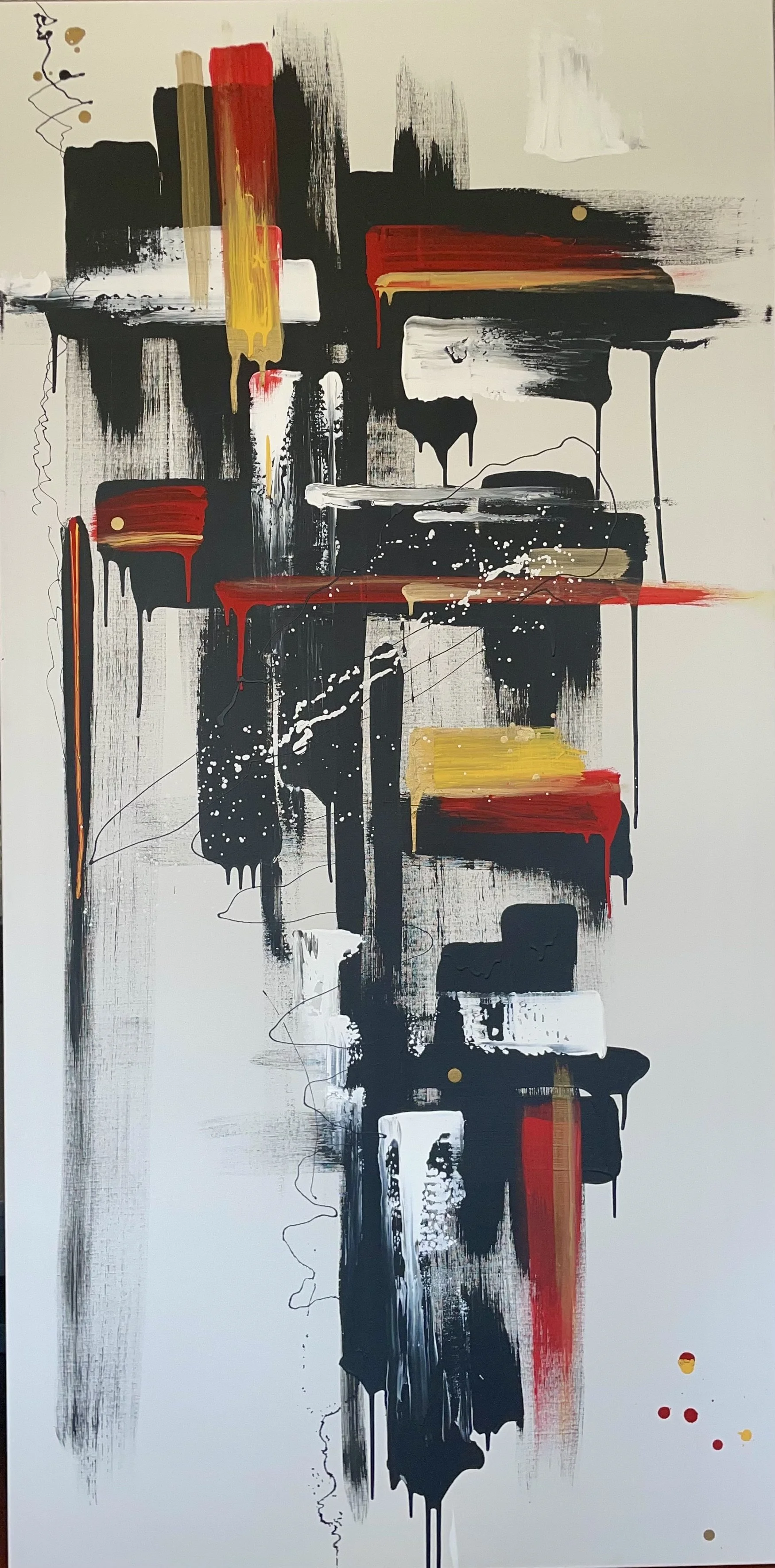 Abstract painting with black, white, red, and yellow brushstrokes and drips on a white background.