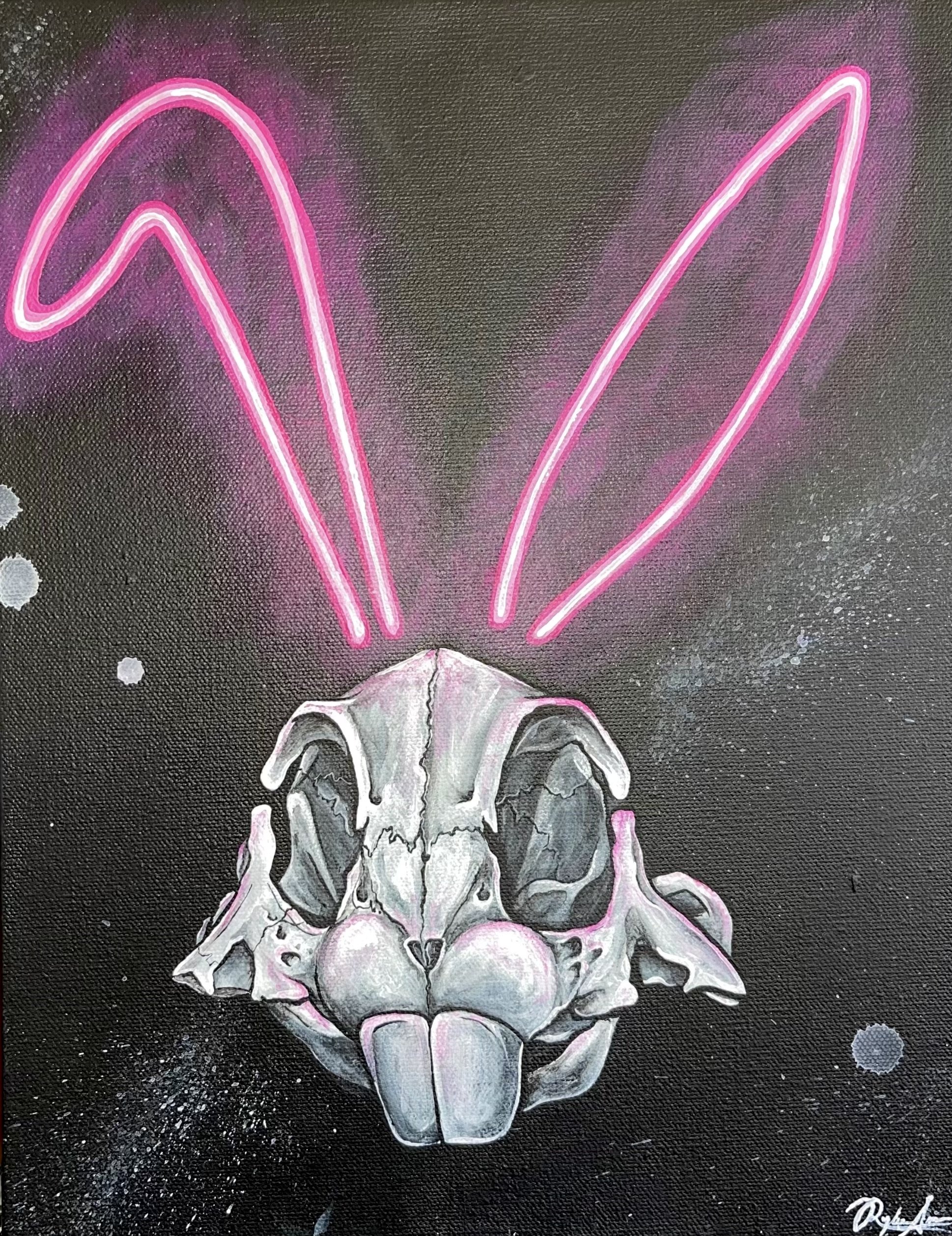 A painting of a rabbit skull with neon pink bunny ears depicted as glowing neon outlines against a black background with some small light spots.