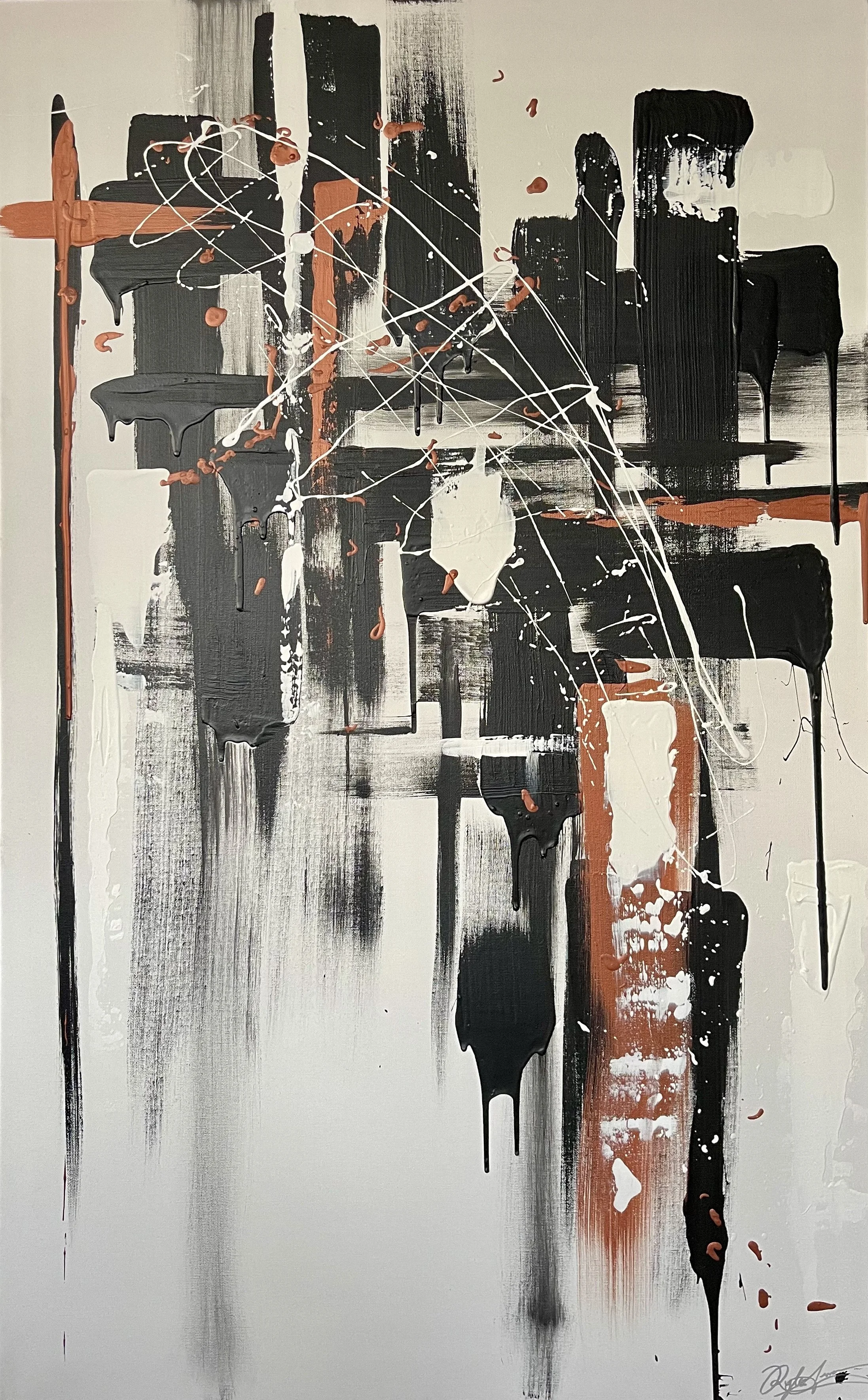An abstract painting with black, white, and orange brushstrokes, splatters, and drips on a vertical canvas.
