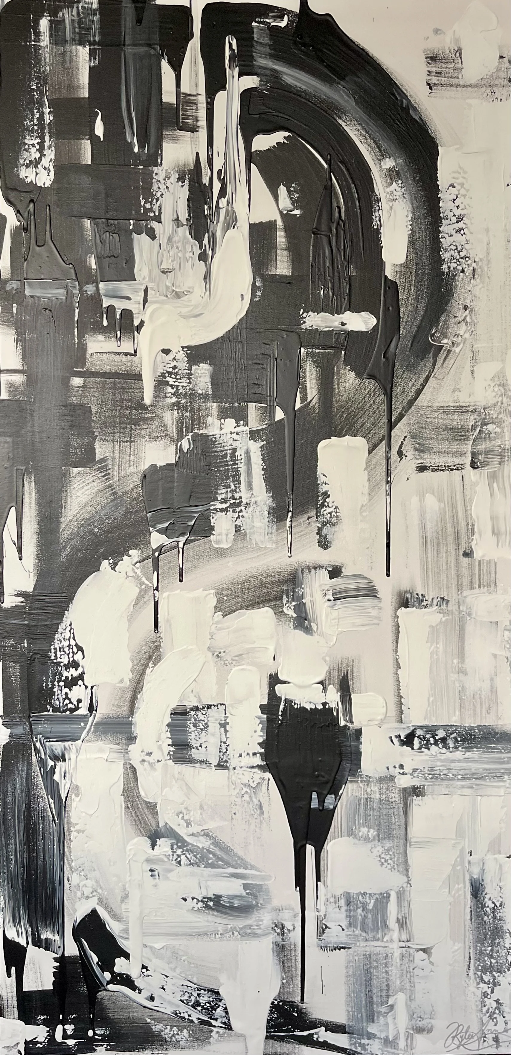 Abstract black and white painting with bold brushstrokes and drips.