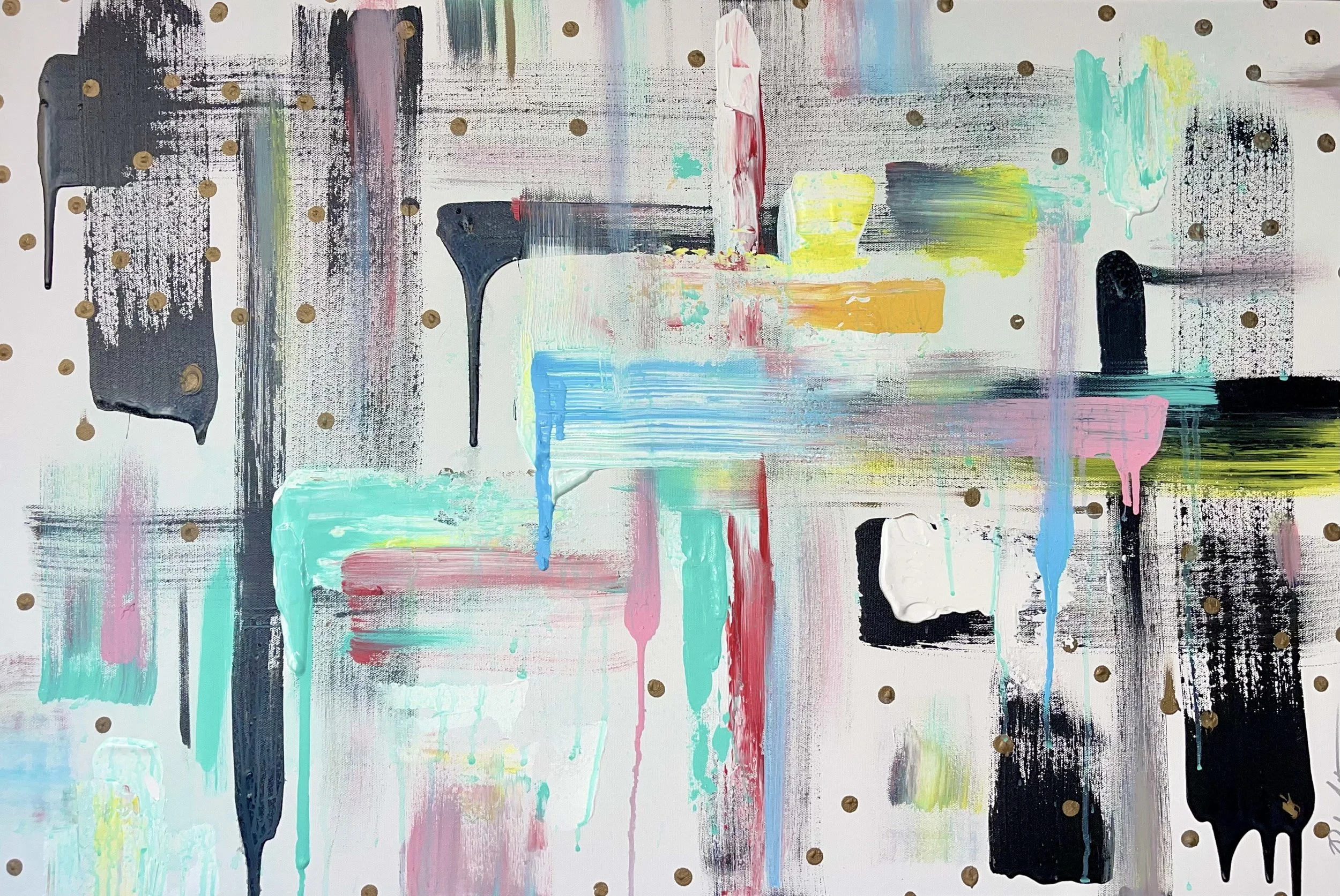 Abstract painting with splashes of turquoise, pink, yellow, black, white, and gray paint and gold dots on a white background.