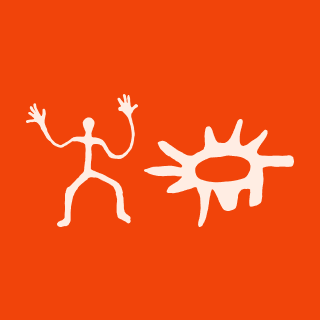 White abstract human figure with raised arms and a white abstract shape resembling a shell or eye on an orange background.
