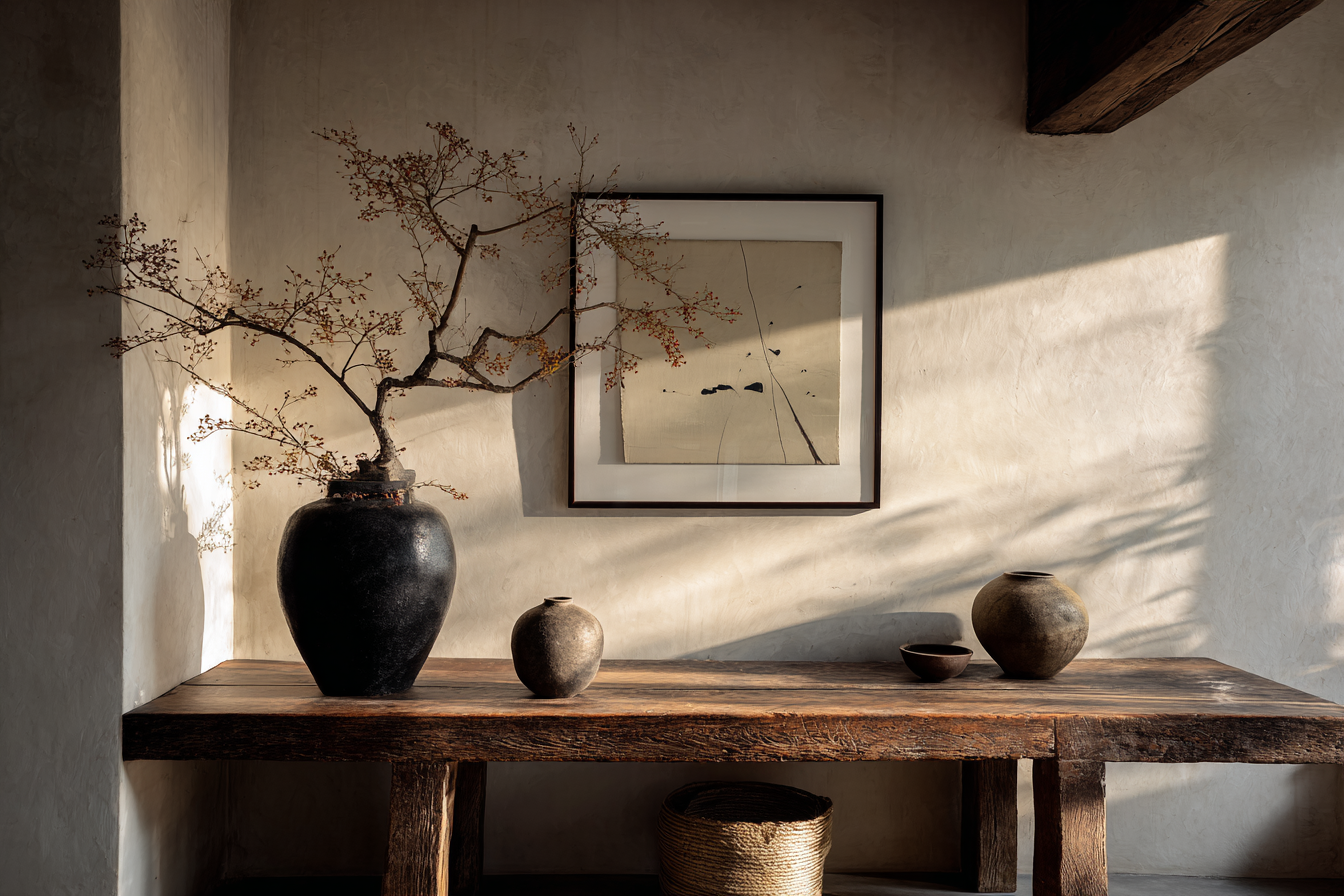 Decorative interior with a rustic wooden table, a large black vase with a branch, three small pottery vases, a framed artwork, and sunlight casting shadows on the wall.