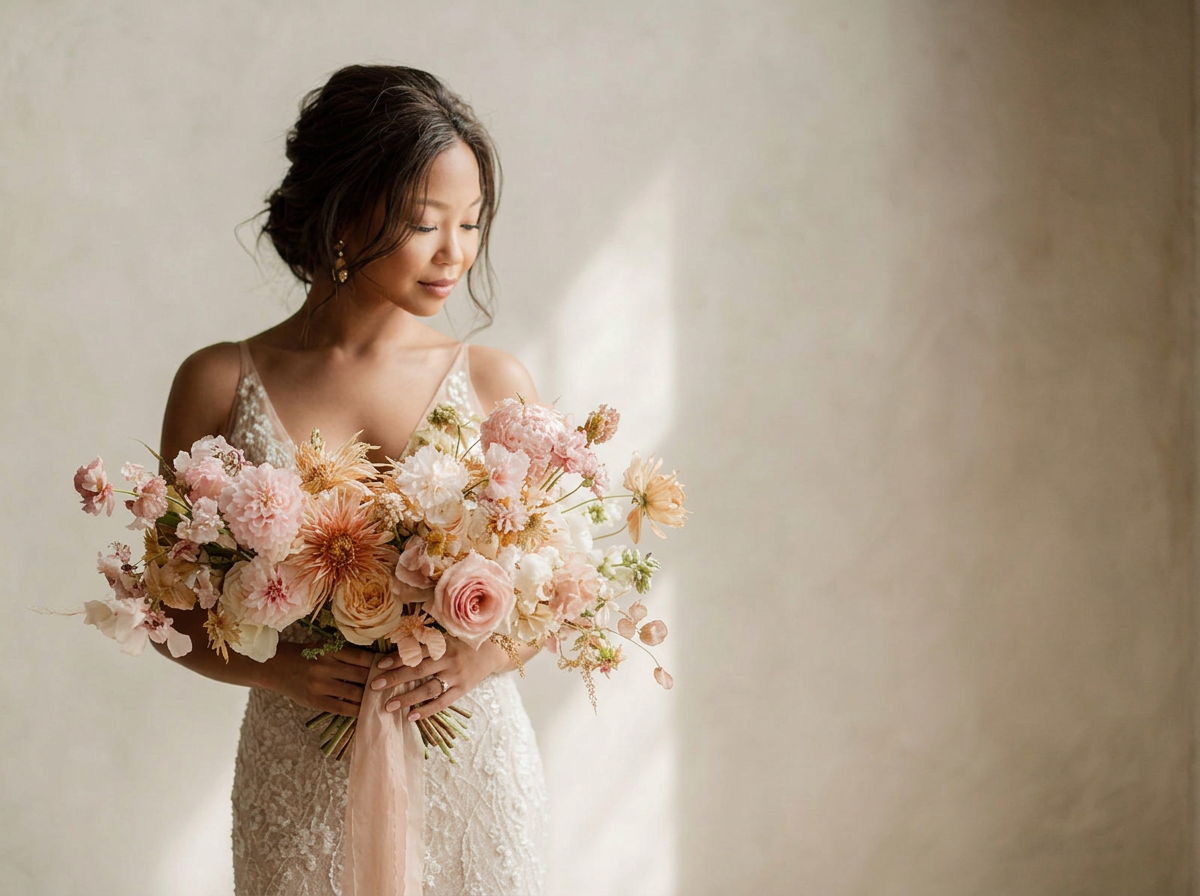 A woman in an elegant lace dress holding a large bouquet of pink and peach flowers, standing against a neutral wall with soft lighting.
