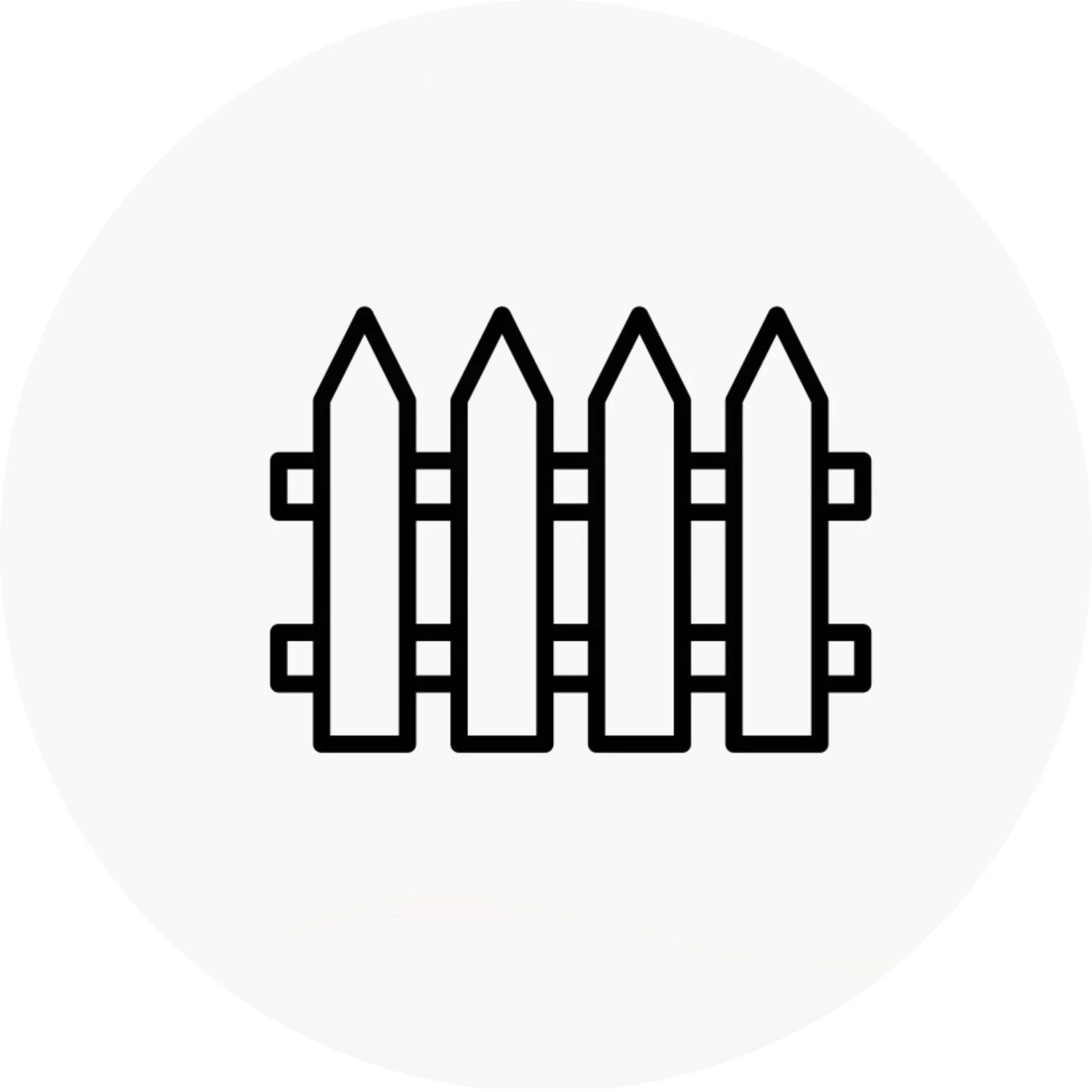 Icon of a wooden fence with four vertical pickets and horizontal supports