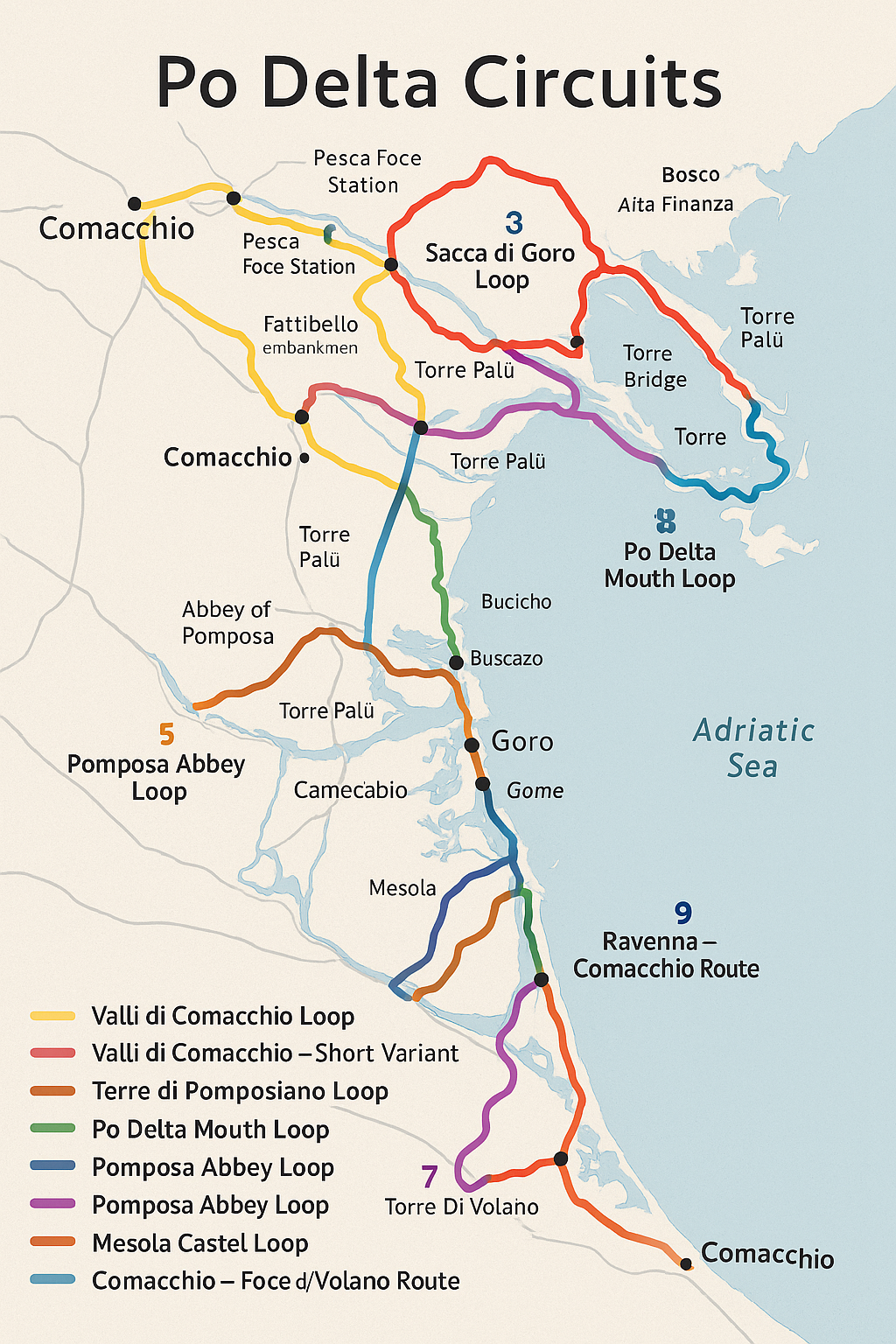 Map of Po Delta Circuits in Italy, showing various loops and routes including Valli di Comacchio Loop, Torre di Pomposiano Loop, Po Delta Mouth Loop, Pomposa Abbey Loop, and others, with key locations along the Adriatic Sea.
