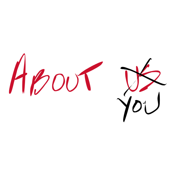 Text that says 'About Us' in red handwriting style, with a logo or decorative element above and a description below.