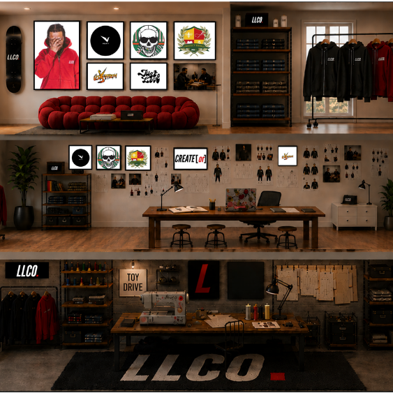 A stylish retail store interior with clothing, artwork, and merchandise displays. The upper wall features framed artwork and hoodies, a red upholstered bench, and shelving. The middle area has a desk with a chair, small artwork, and decorative items, with a pegboard background displaying small items. The lower area showcases clothing racks, shelves with products, and a large LLCO logo rug in front of the main workspace.