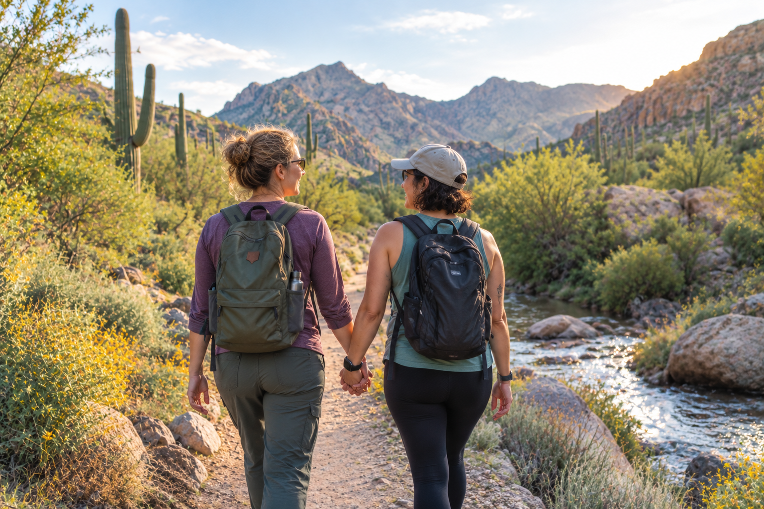 Two women hiking together in a desert landscape with rocky mountains, saguaro cacti, and a stream, holding hands and enjoying the sunset.