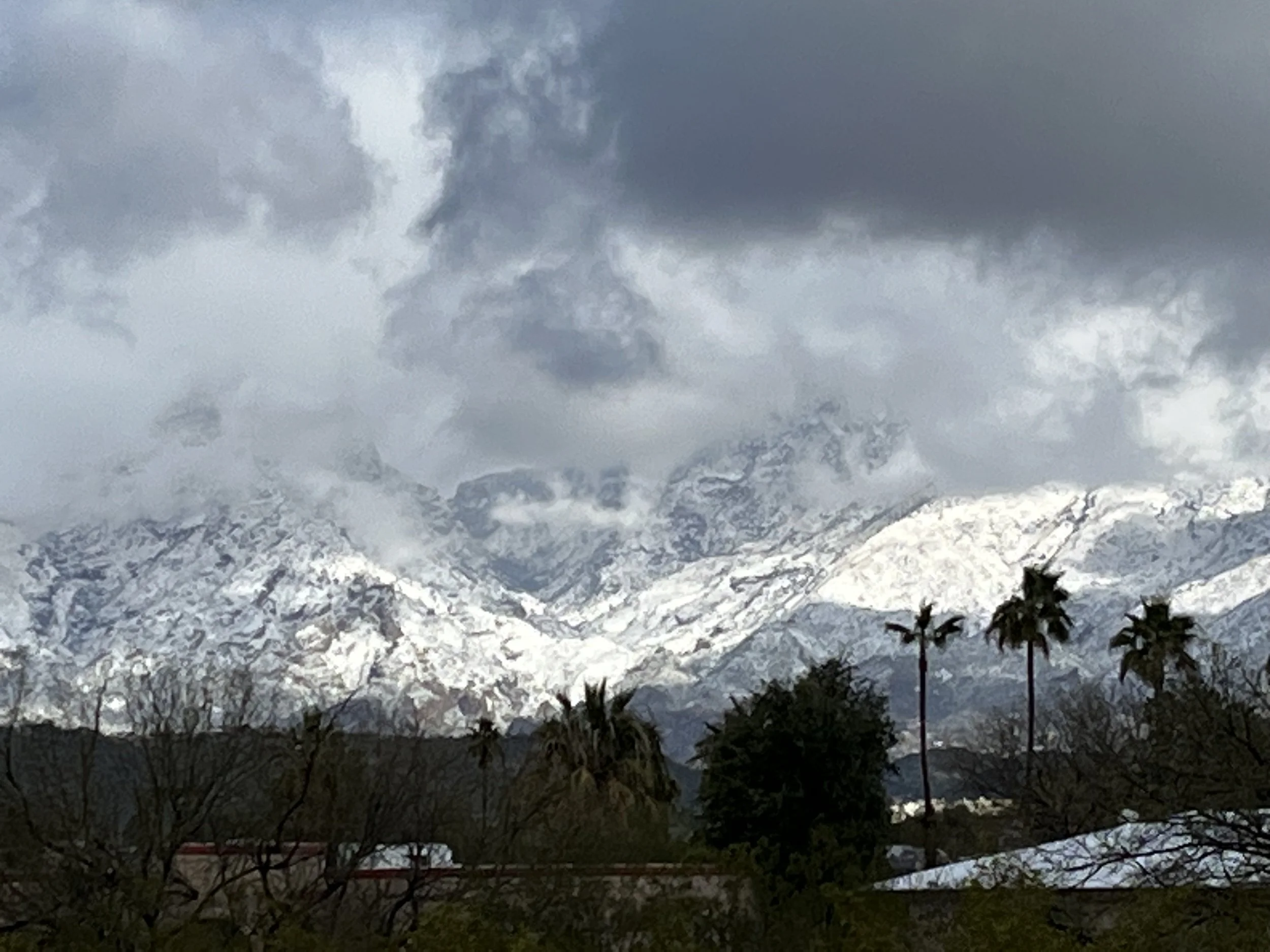 Snow-capped mountains under cloudy sky with trees and a few buildings in the foreground.
