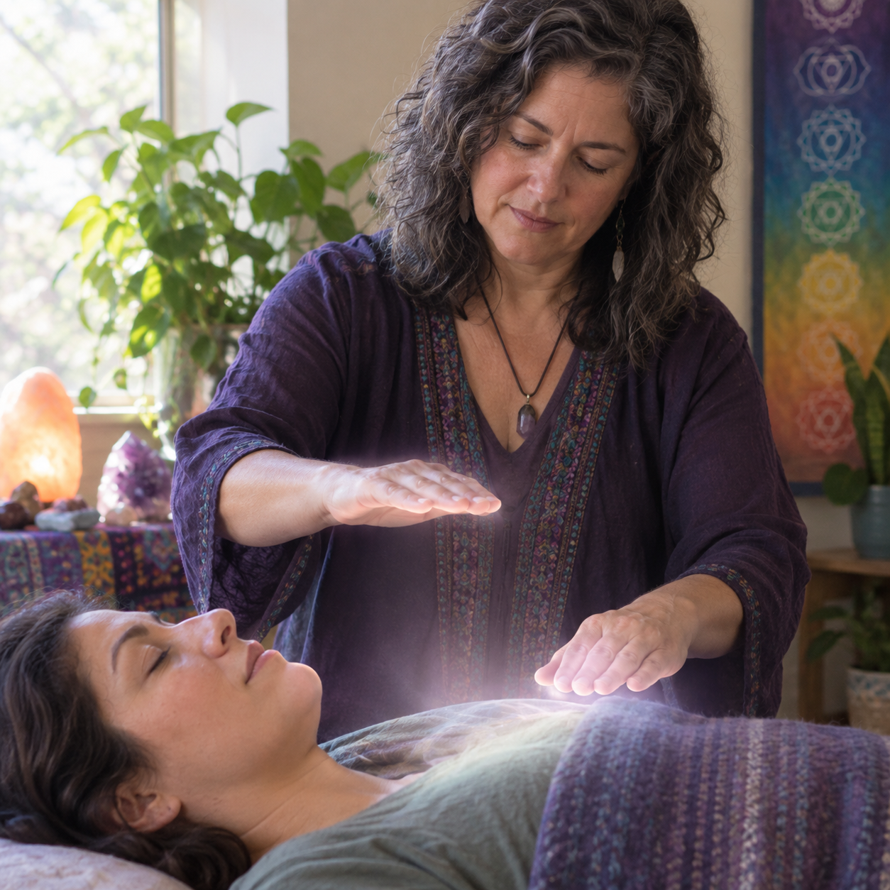 A woman with curly hair performing a healing or energy work on a woman lying on a bed or massage table, in a room with plants and colorful decorations.
