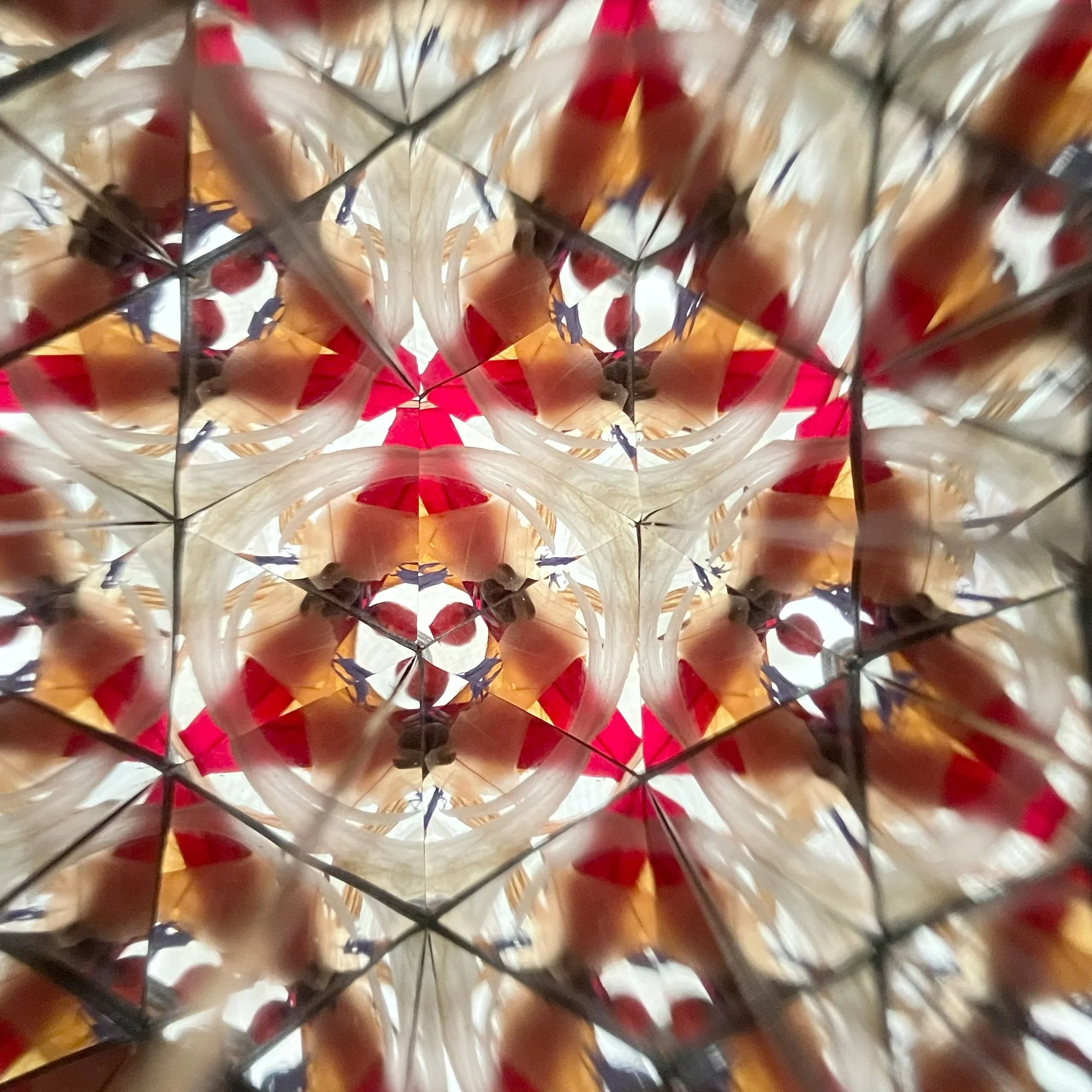  Geometric star-shaped kaleidoscope art with warm amber and earthy brown hues, inspired by traditional Lithuanian Easter egg patterns. 