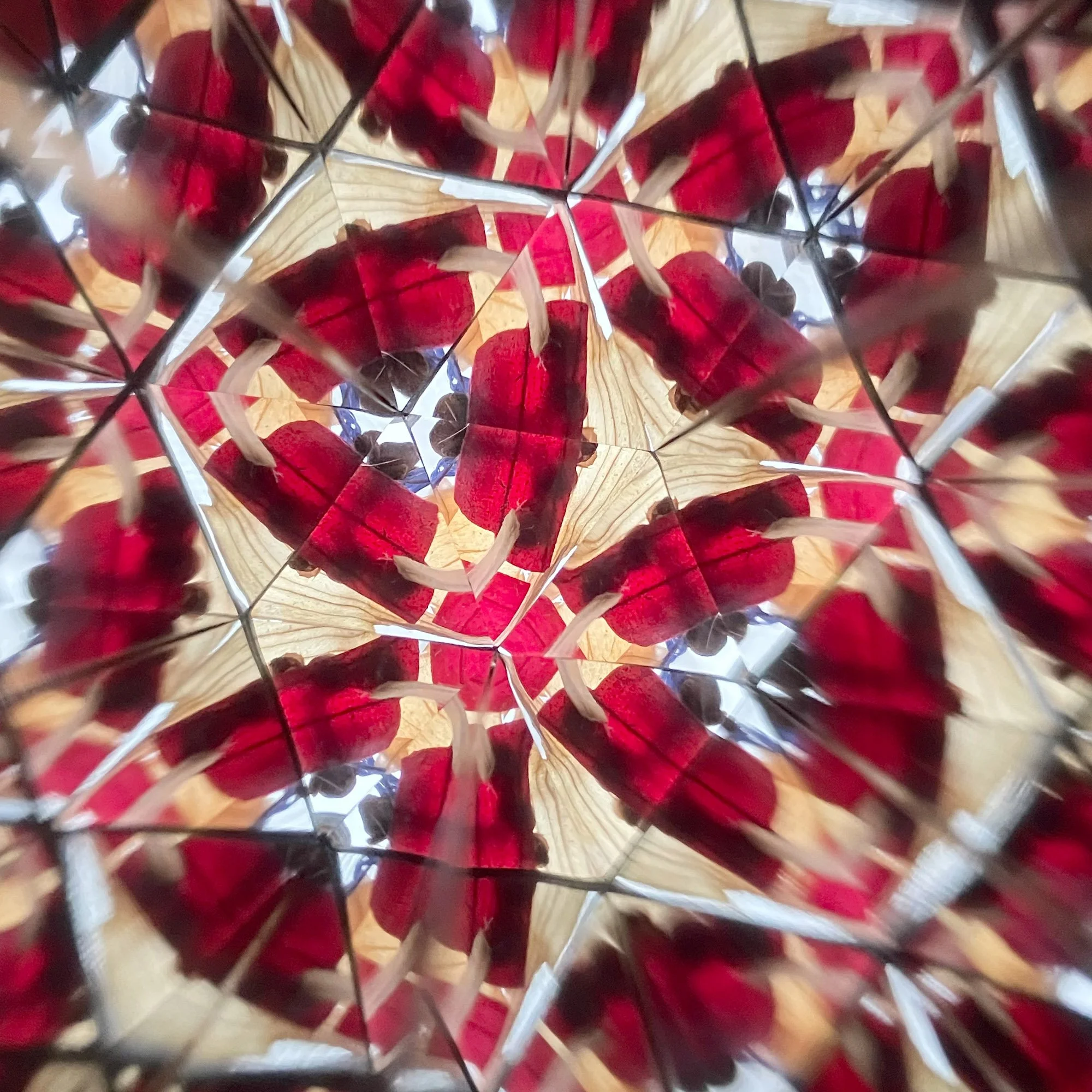  Intricate kaleidoscope pattern in deep red and cream, reflecting the organic textures of onion-dyed Easter eggs. 