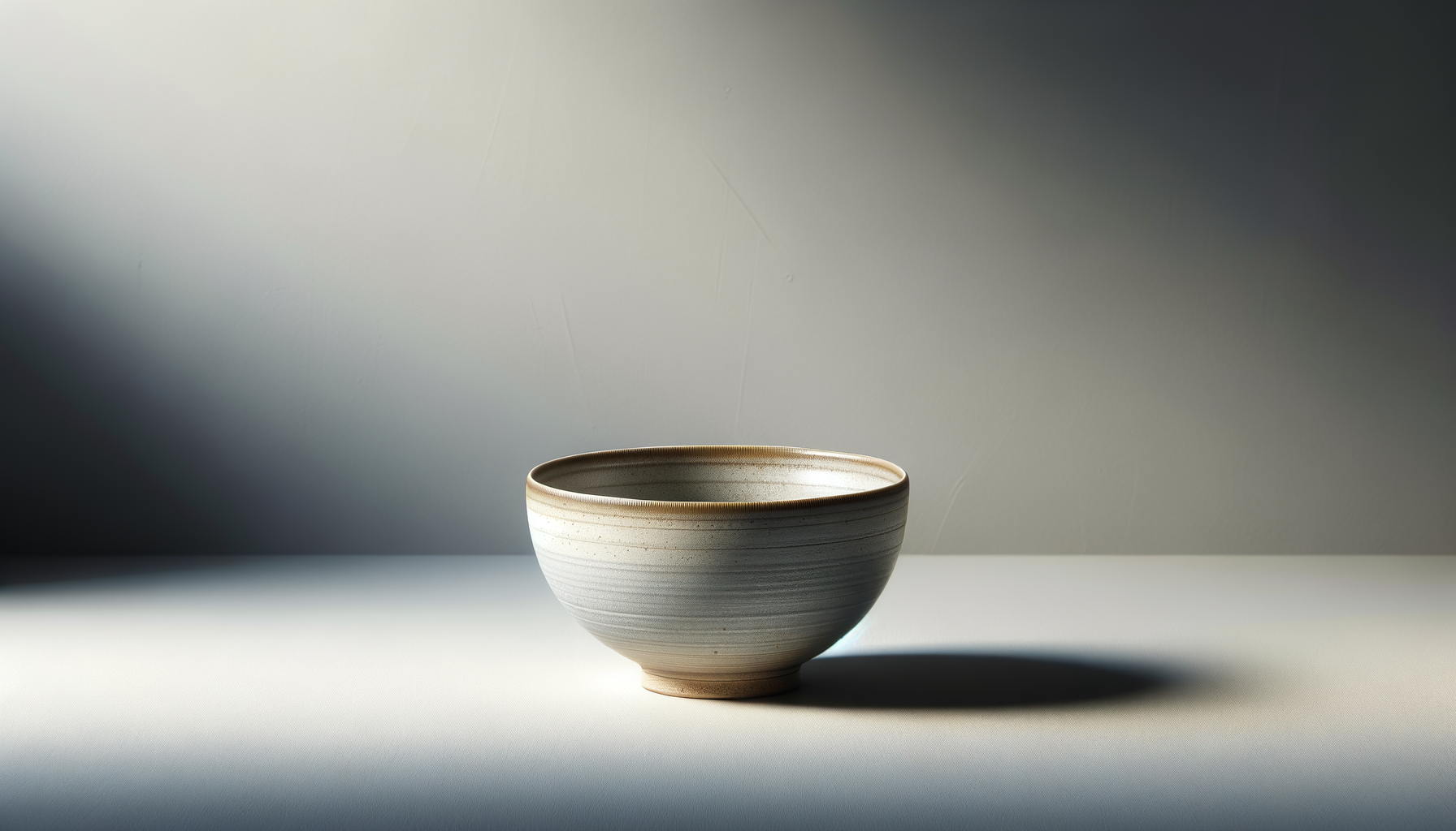 A ceramic bowl with a subtle striped pattern sits on a white surface with soft lighting and shadows.