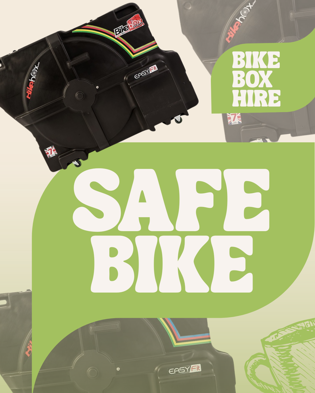 Flyer for bike storage business with images of bike boxes, green and beige background, and bold white text that reads 'Save Bike' and 'Bike Box Hire'.