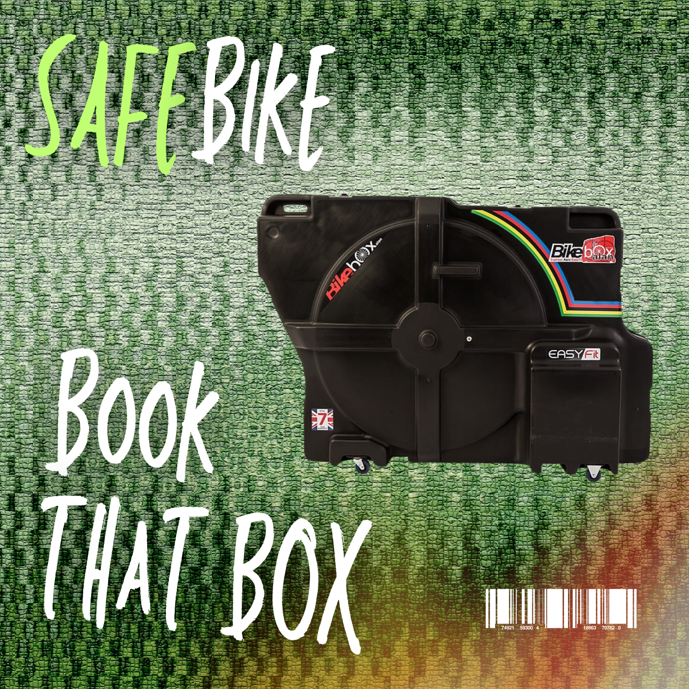 A black bicycle chain tool in front of a textured green background with white handwritten text that reads 'SAFE BIKE BOOK THAT BOX' and a barcode below.