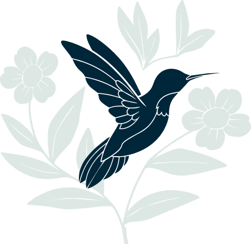 A dark hummingbird surrounded by light blue florals