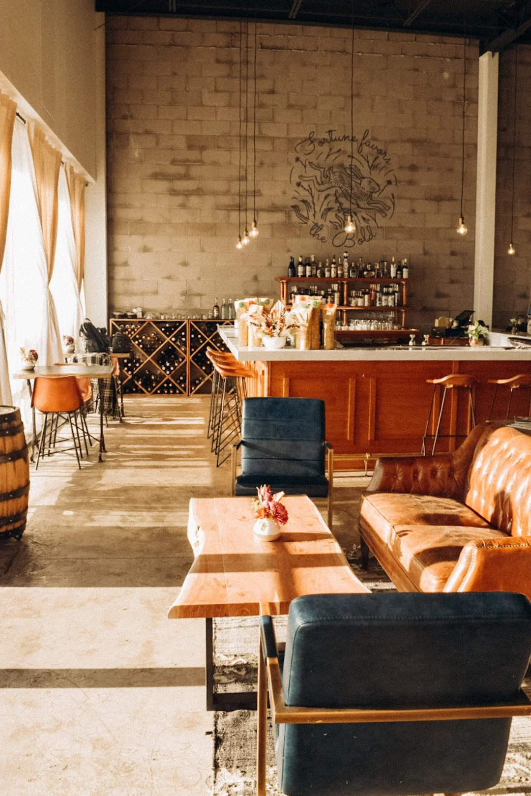Interior of a wine bar in warm tones