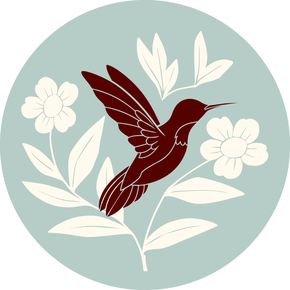 A dark hummingbird surrounded by cream florals, inside a blue circle