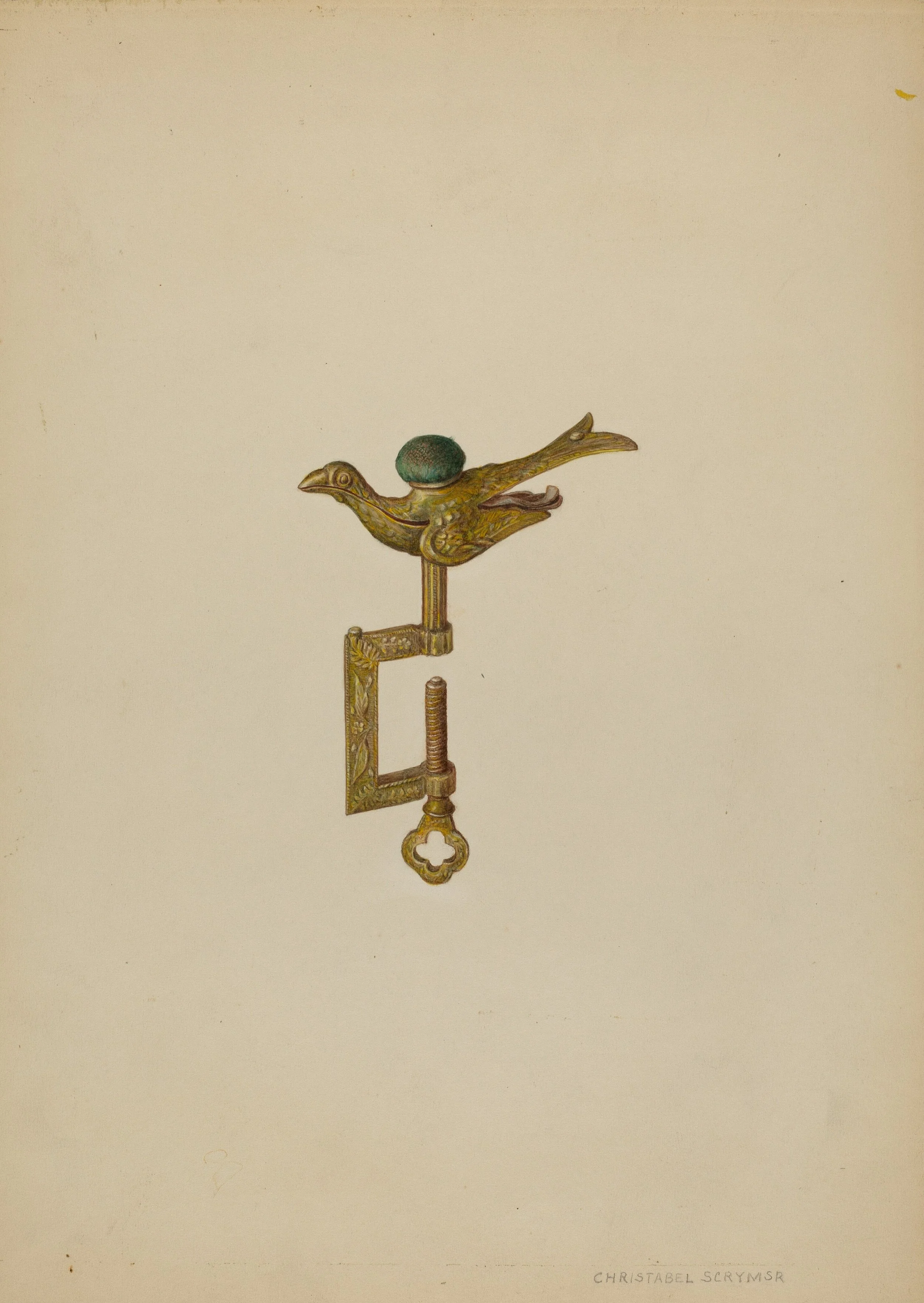 Painting of a golden door hinge with a decorative bird