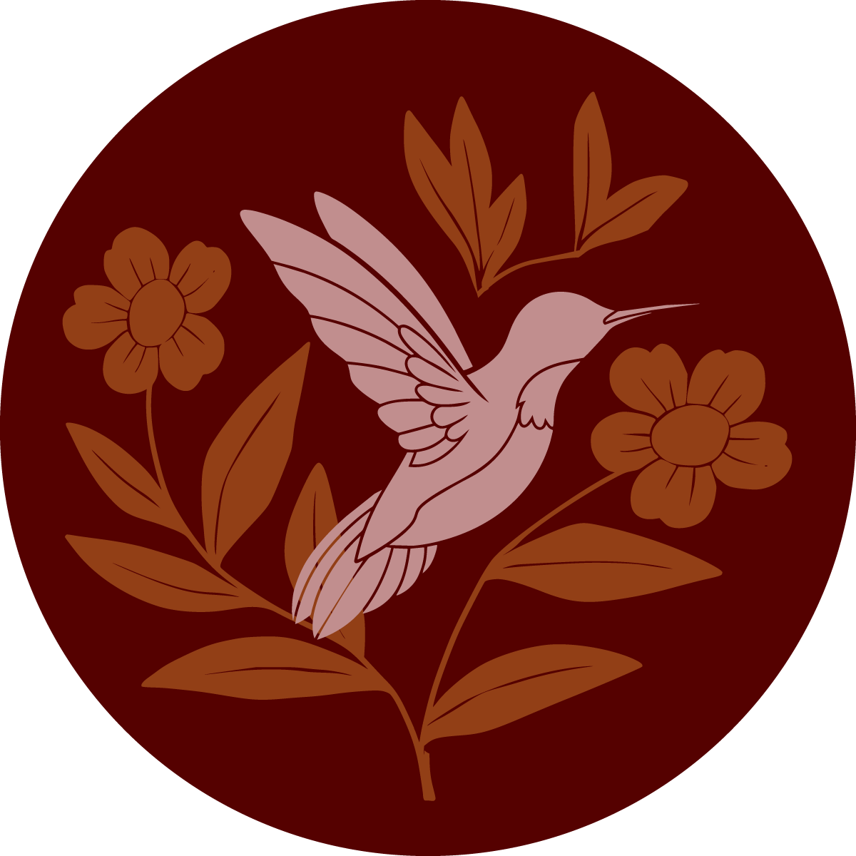 Circular warm-toned illustration of a hummingbird with flowers