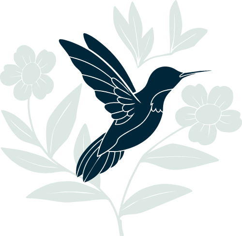 Dark hummingbird surrounded by light blue flowers