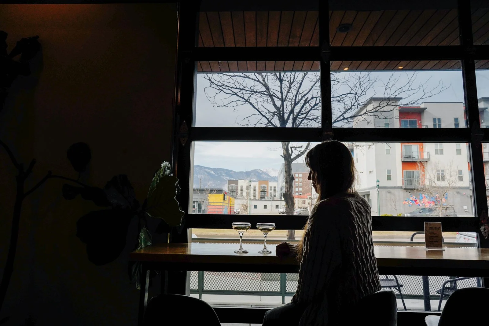 A woman sits backlist at a bartop
