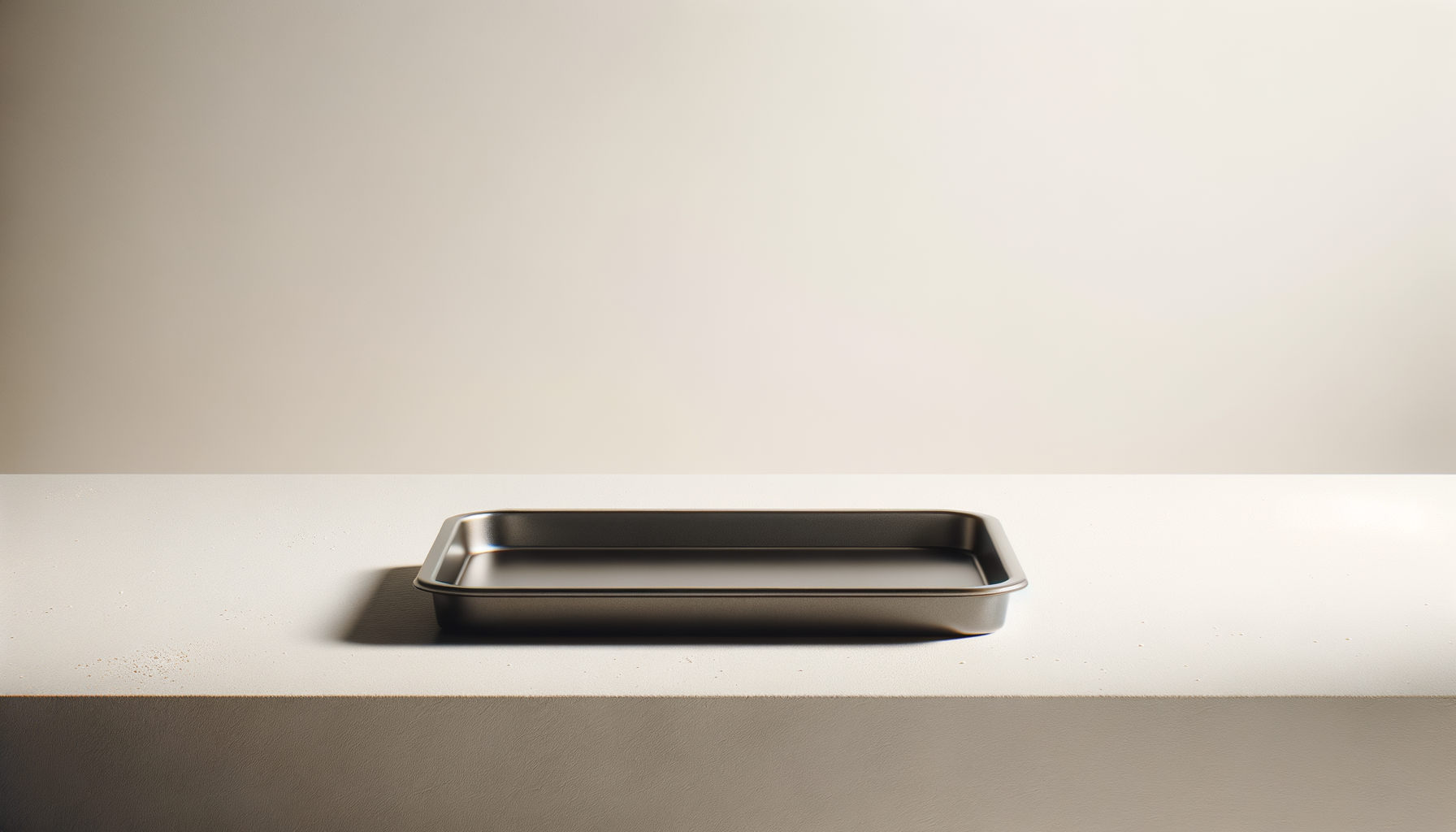 A stainless steel tray on a white minimalist surface with a plain neutral background.