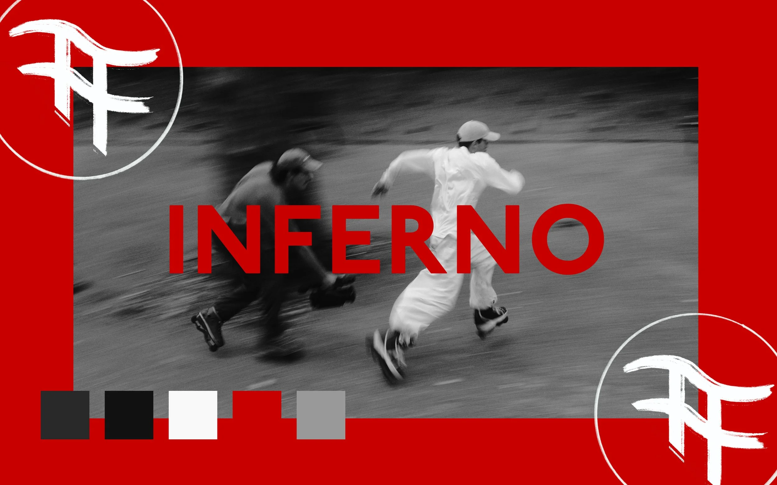 Black and white photo of two children running, one wearing a hat, on a blurred outdoor background, overlaid with red and white graphic elements, including the word 'INFERNO' in bold red letters.
