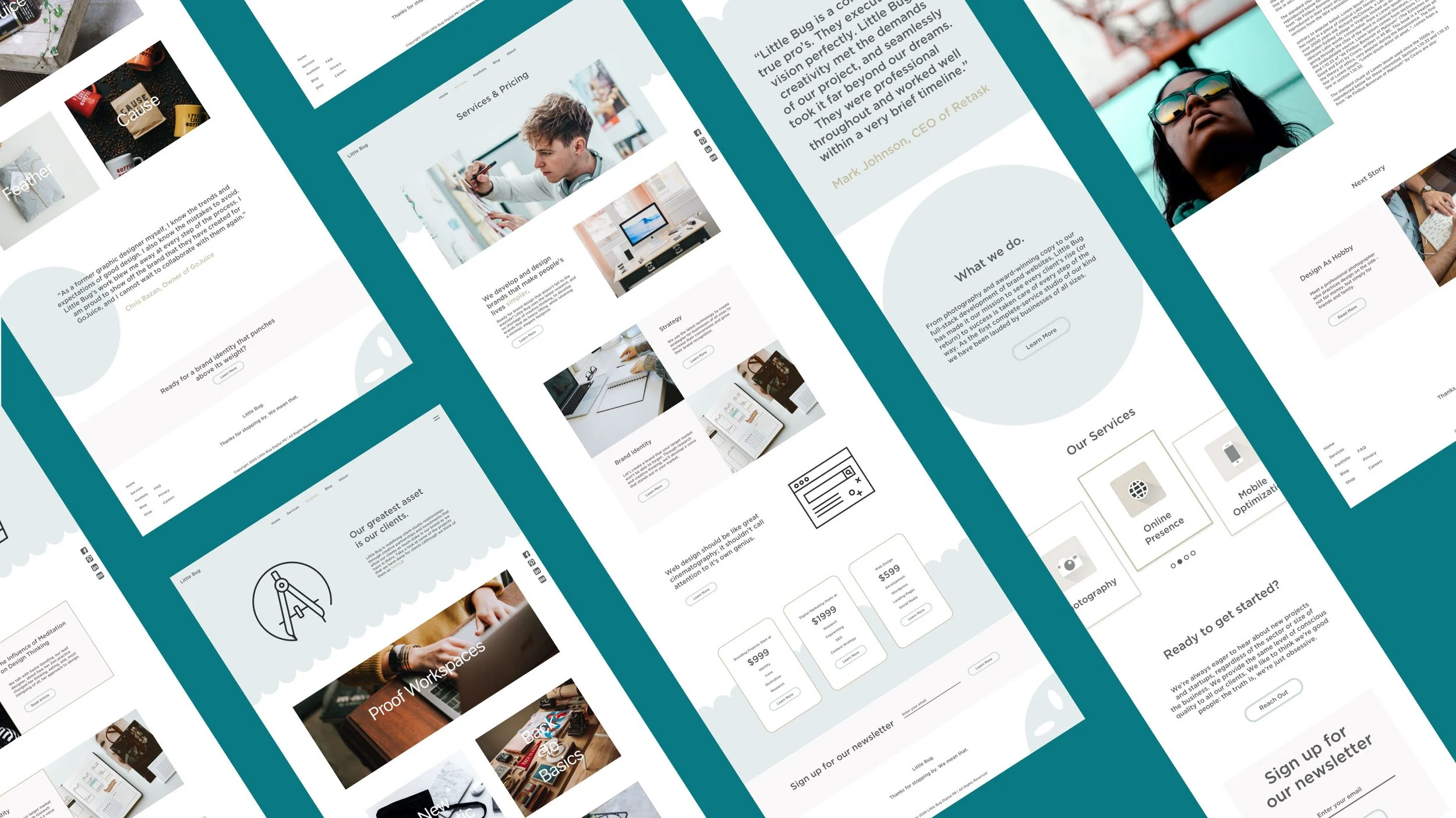 A series of web design or landing pages displayed in a tilted, overlapping layout with a teal background. The pages feature images, icons, text sections, and service offerings, focusing on digital services and portfolio content.