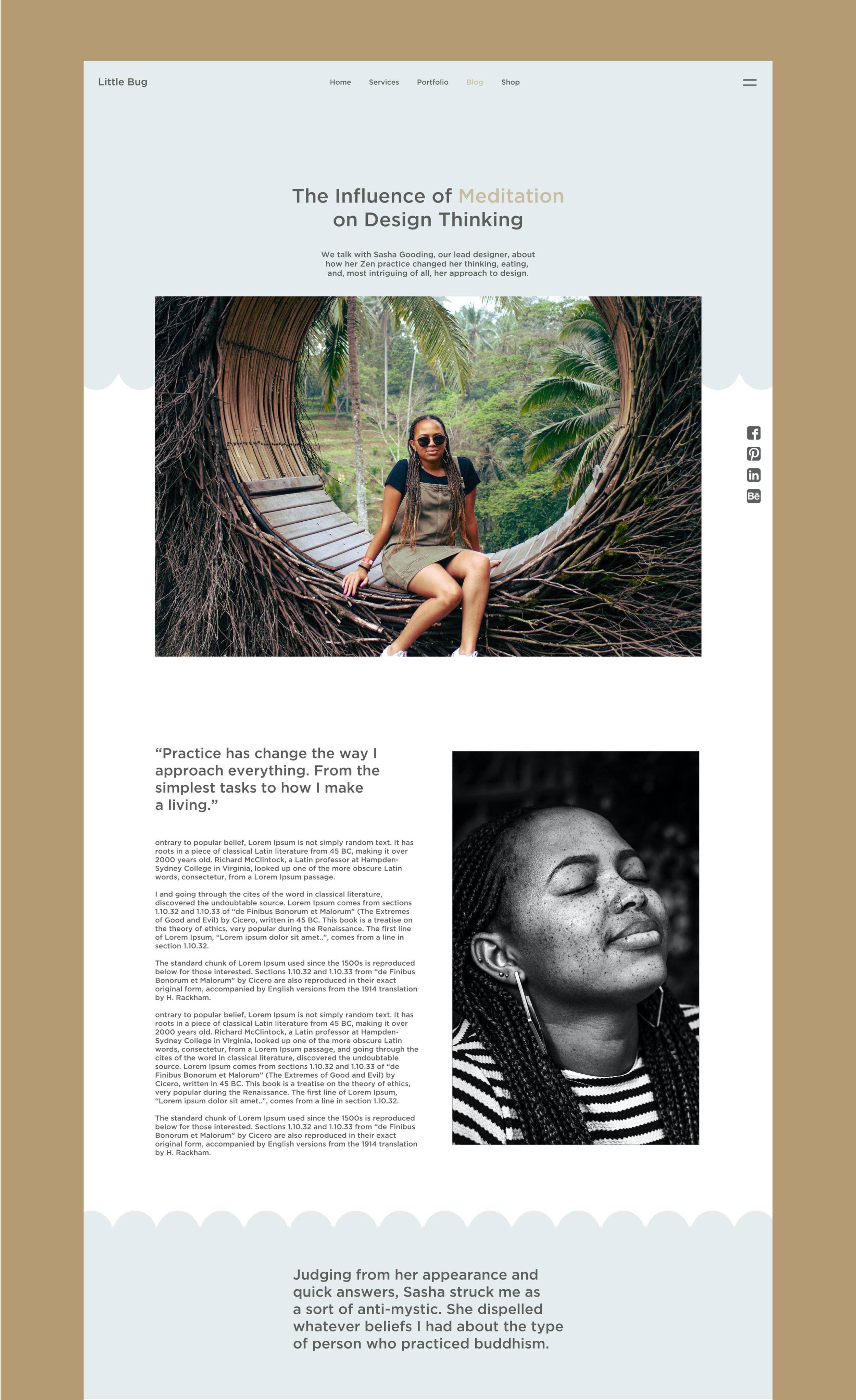 Webpage titled 'The Influence of Meditation on Design Thinking' featuring a portrait of a woman in black and white, a woman sitting inside a large woven structure outdoors, and social media icons on the right.
