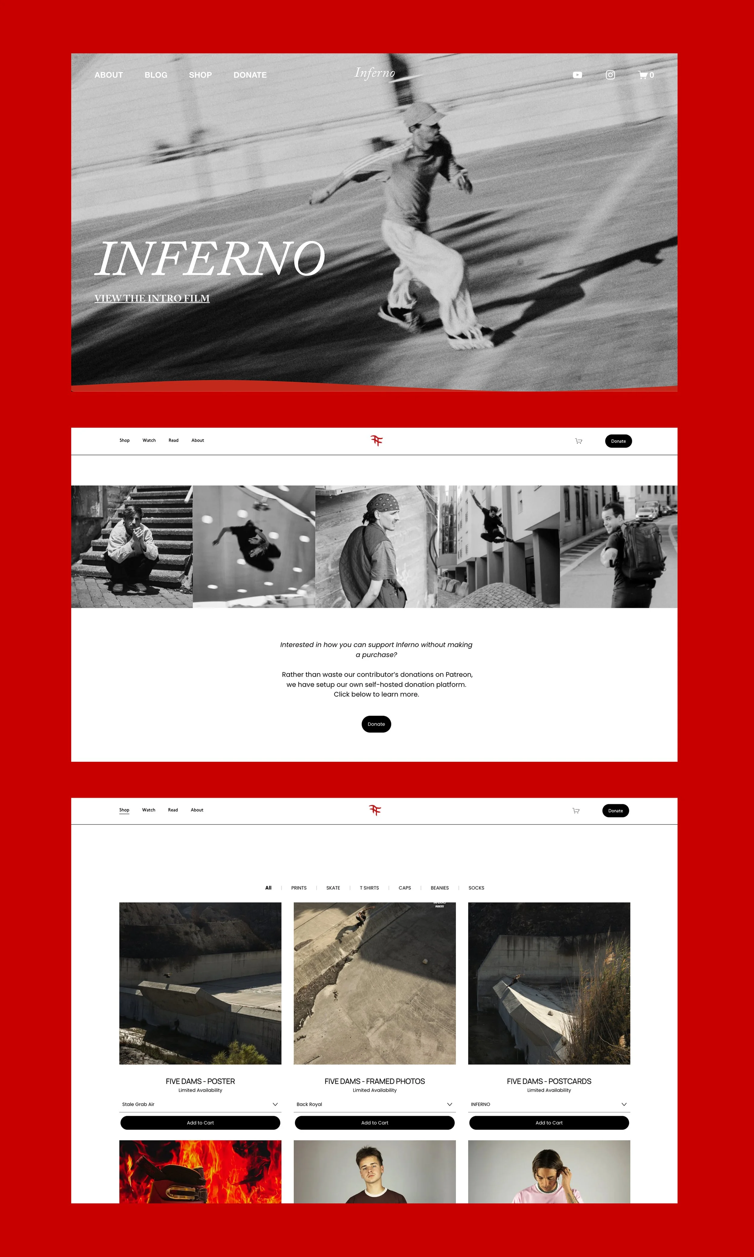 Screenshot of a website with a red background, featuring sections about a film titled 'Inferno' and a merchandise shop selling skateboards, T-shirts, and posters, with black-and-white images of skateboarding and people.