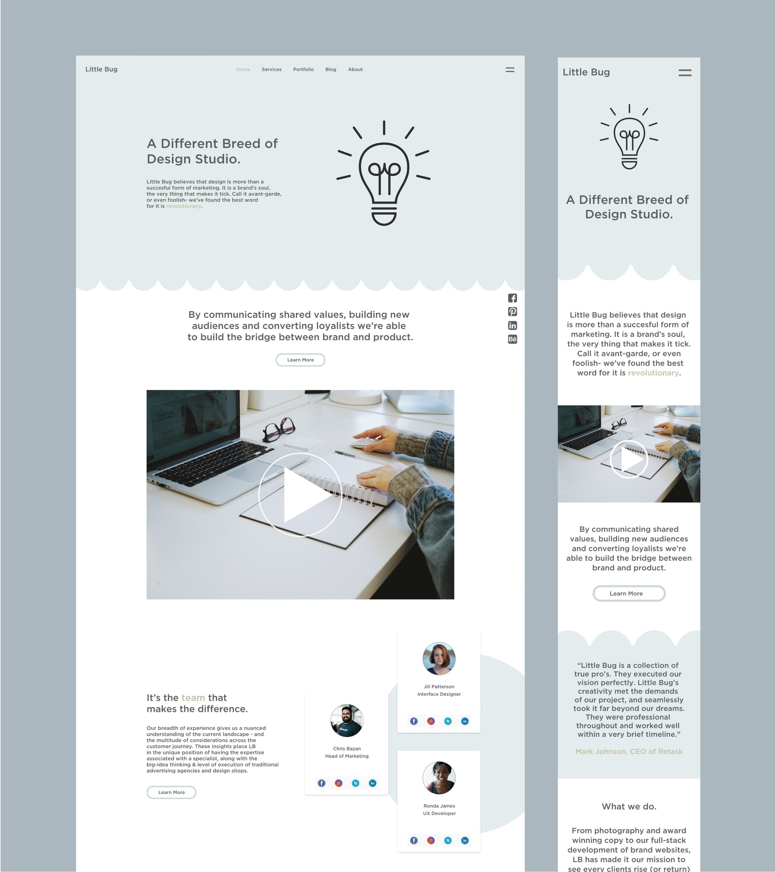 Screenshot of a website homepage for Little Bug, a design studio featuring a lightbulb icon, a video thumbnail with a workspace image, team member profiles, and quotes about their work.